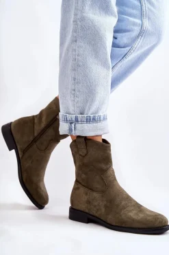 Outlet Damskie buty S.Barski Damskie Zamszowe Botki Na Płaskim Obcasie Zielone Fiorenz