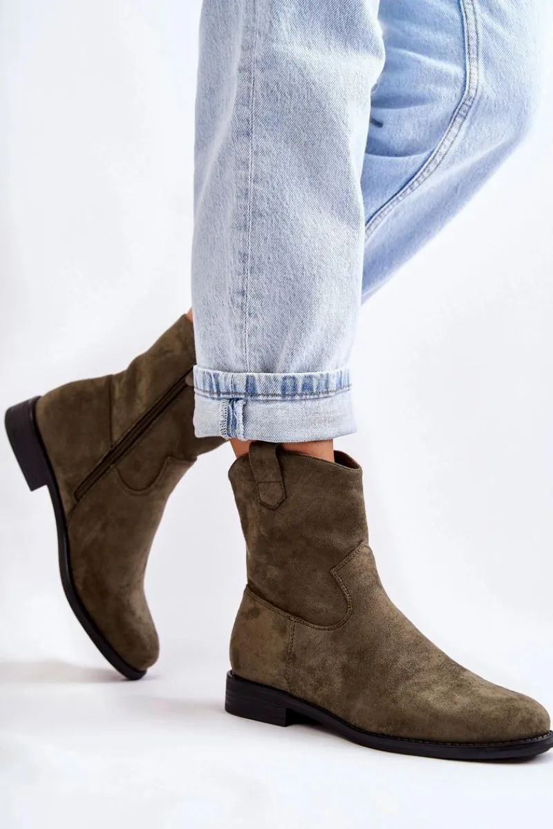 Outlet Damskie buty S.Barski Damskie Zamszowe Botki Na Płaskim Obcasie Zielone Fiorenz