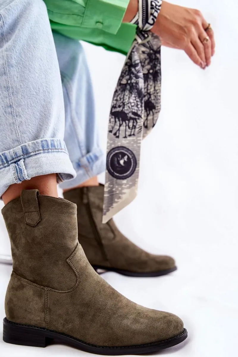 Outlet Damskie buty S.Barski Damskie Zamszowe Botki Na Płaskim Obcasie Zielone Fiorenz