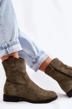 Outlet Damskie buty S.Barski Damskie Zamszowe Botki Na Płaskim Obcasie Zielone Fiorenz