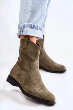 Outlet Damskie buty S.Barski Damskie Zamszowe Botki Na Płaskim Obcasie Zielone Fiorenz