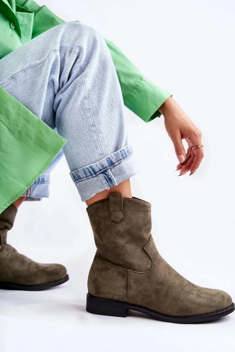 Outlet Damskie buty S.Barski Damskie Zamszowe Botki Na Płaskim Obcasie Zielone Fiorenz