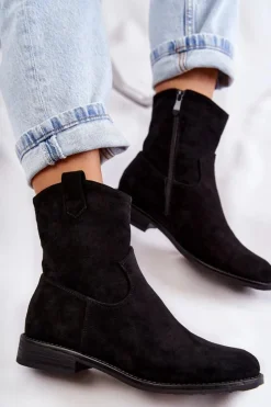 Online Damskie Zamszowe Botki Na Płaskim Obcasie Czarne Fiorenz Damskie Botki Wiosenne|Czarne Botki