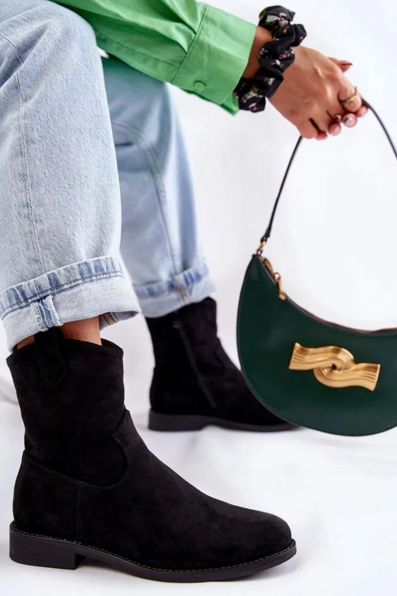 Online Damskie Zamszowe Botki Na Płaskim Obcasie Czarne Fiorenz Damskie Botki Wiosenne|Czarne Botki