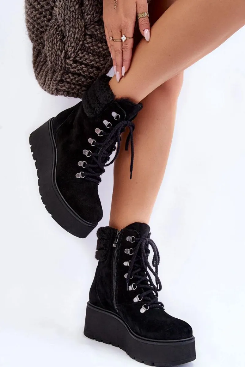 Outlet Boto Damskie Zamszowe Botki Na Koturnie Czarne Lemar Meniko