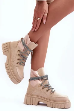 New Boto Damskie Zamszowe Botki Sznurowane Beżowe Acorn Beżowy