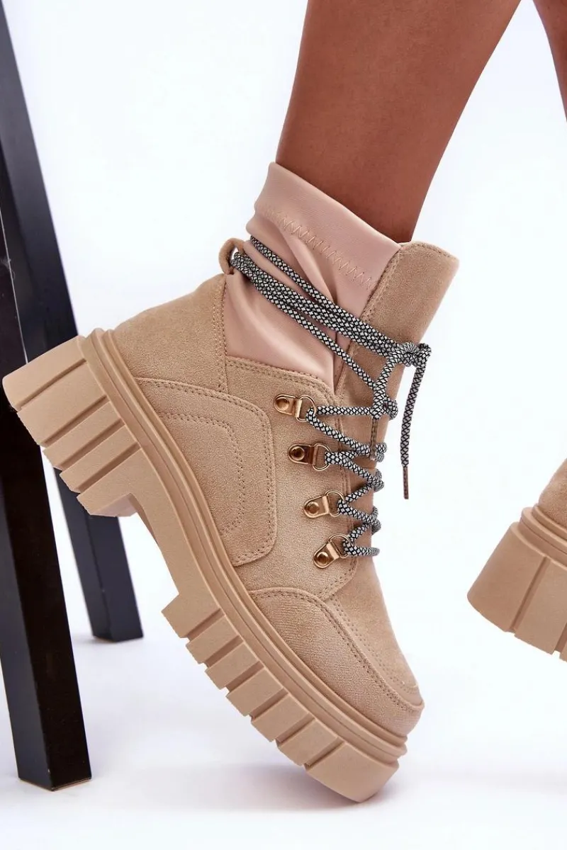 New Boto Damskie Zamszowe Botki Sznurowane Beżowe Acorn Beżowy