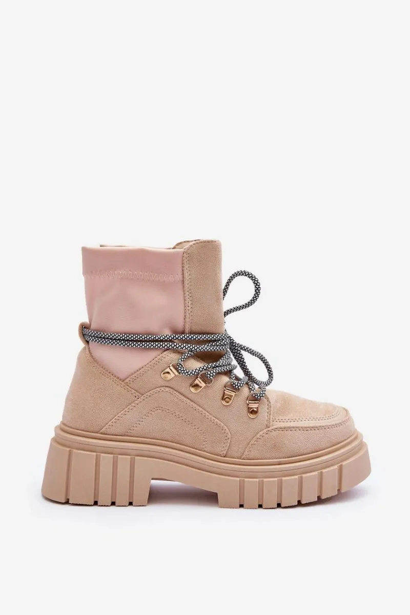 New Boto Damskie Zamszowe Botki Sznurowane Beżowe Acorn Beżowy