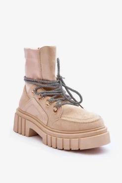 New Boto Damskie Zamszowe Botki Sznurowane Beżowe Acorn Beżowy