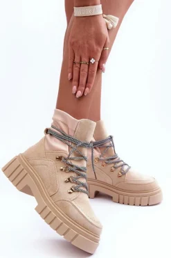New Boto Damskie Zamszowe Botki Sznurowane Beżowe Acorn Beżowy