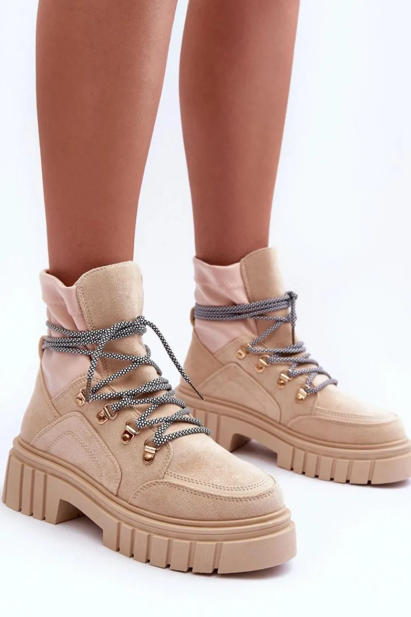 New Boto Damskie Zamszowe Botki Sznurowane Beżowe Acorn Beżowy