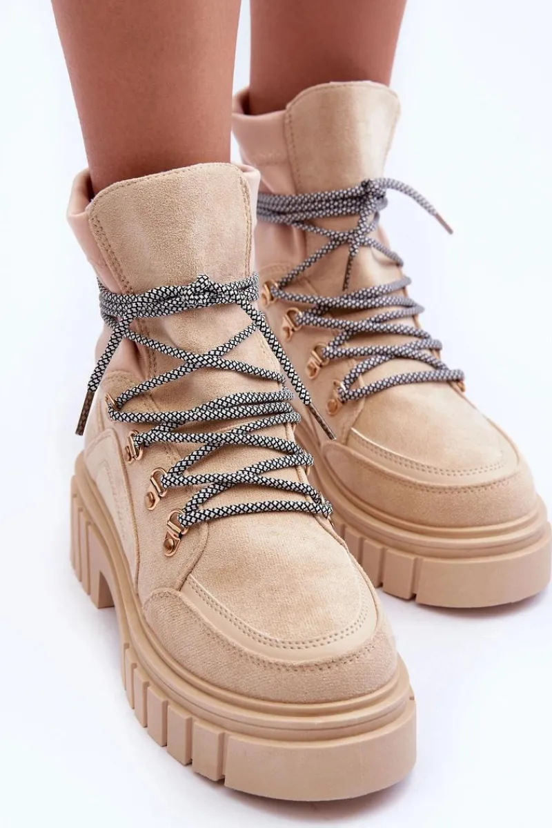 New Boto Damskie Zamszowe Botki Sznurowane Beżowe Acorn Beżowy