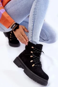 Damskie Trapery|Botki Sznurowane>Boto Damskie Zamszowe Botki Trapery Czarne Bellita