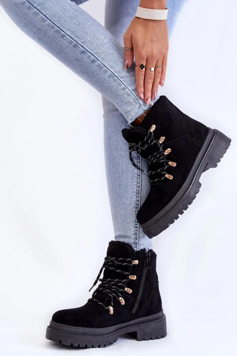 Damskie Trapery|Botki Sznurowane>Boto Damskie Zamszowe Botki Trapery Czarne Bellita