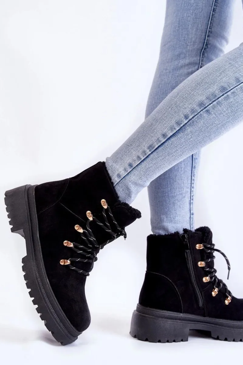 Damskie Trapery|Botki Sznurowane>Boto Damskie Zamszowe Botki Trapery Czarne Bellita