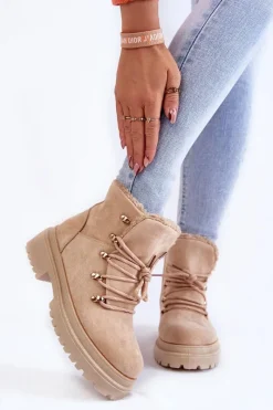 New Damskie Zamszowe Botki Trapery Beżowe Bellita Damskie Damskie Trapery|Botki Sznurowane