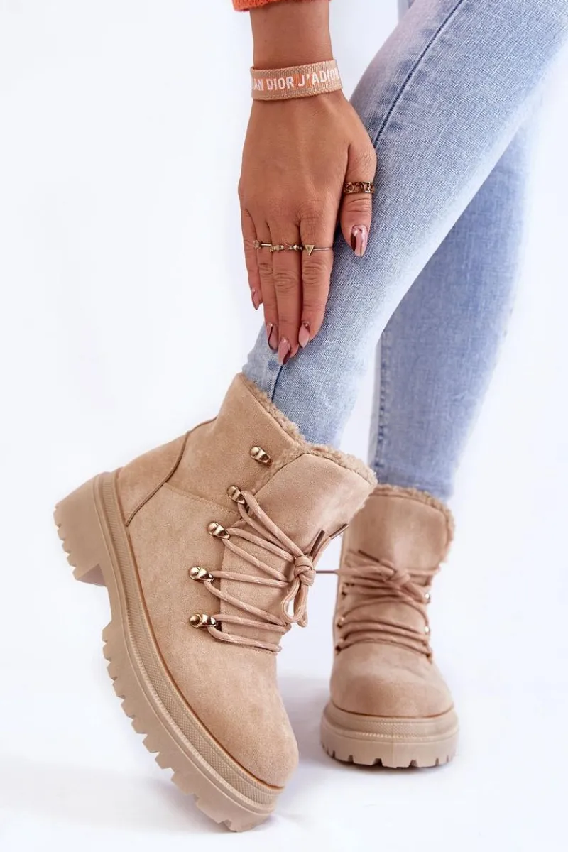 New Damskie Zamszowe Botki Trapery Beżowe Bellita Damskie Damskie Trapery|Botki Sznurowane