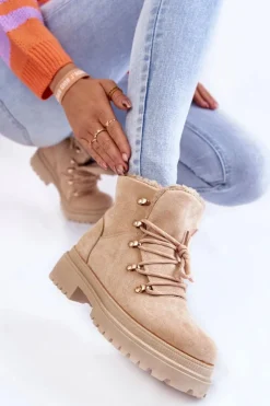 New Damskie Zamszowe Botki Trapery Beżowe Bellita Damskie Damskie Trapery|Botki Sznurowane