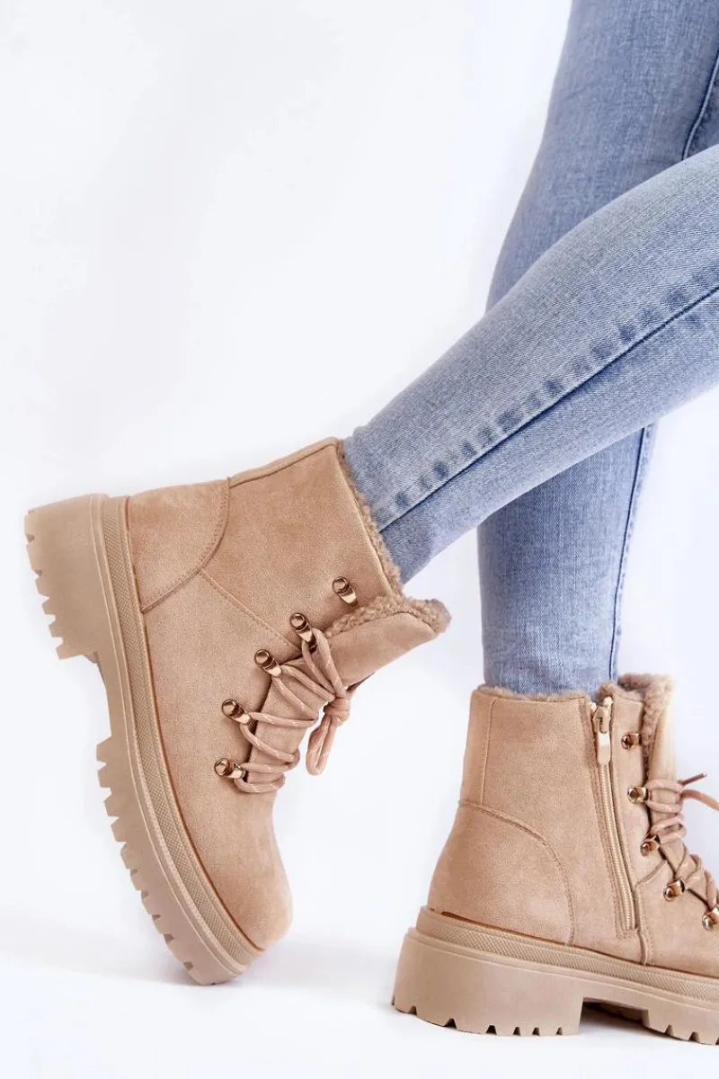 New Damskie Zamszowe Botki Trapery Beżowe Bellita Damskie Damskie Trapery|Botki Sznurowane