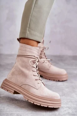 Hot Damskie buty S.Barski Damskie Zamszowe Botki Wiązane Beżowe Afra