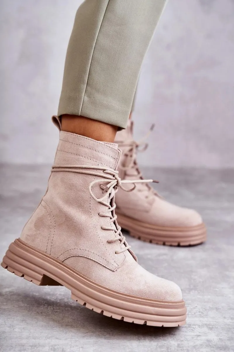 Hot Damskie buty S.Barski Damskie Zamszowe Botki Wiązane Beżowe Afra