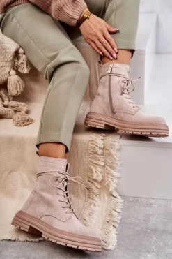 Hot Damskie buty S.Barski Damskie Zamszowe Botki Wiązane Beżowe Afra