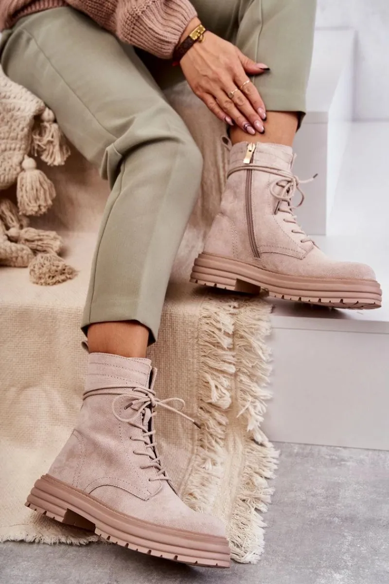 Hot Damskie buty S.Barski Damskie Zamszowe Botki Wiązane Beżowe Afra