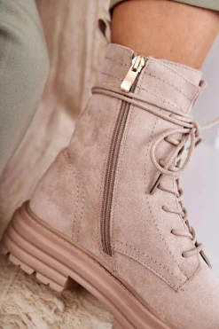 Hot Damskie buty S.Barski Damskie Zamszowe Botki Wiązane Beżowe Afra