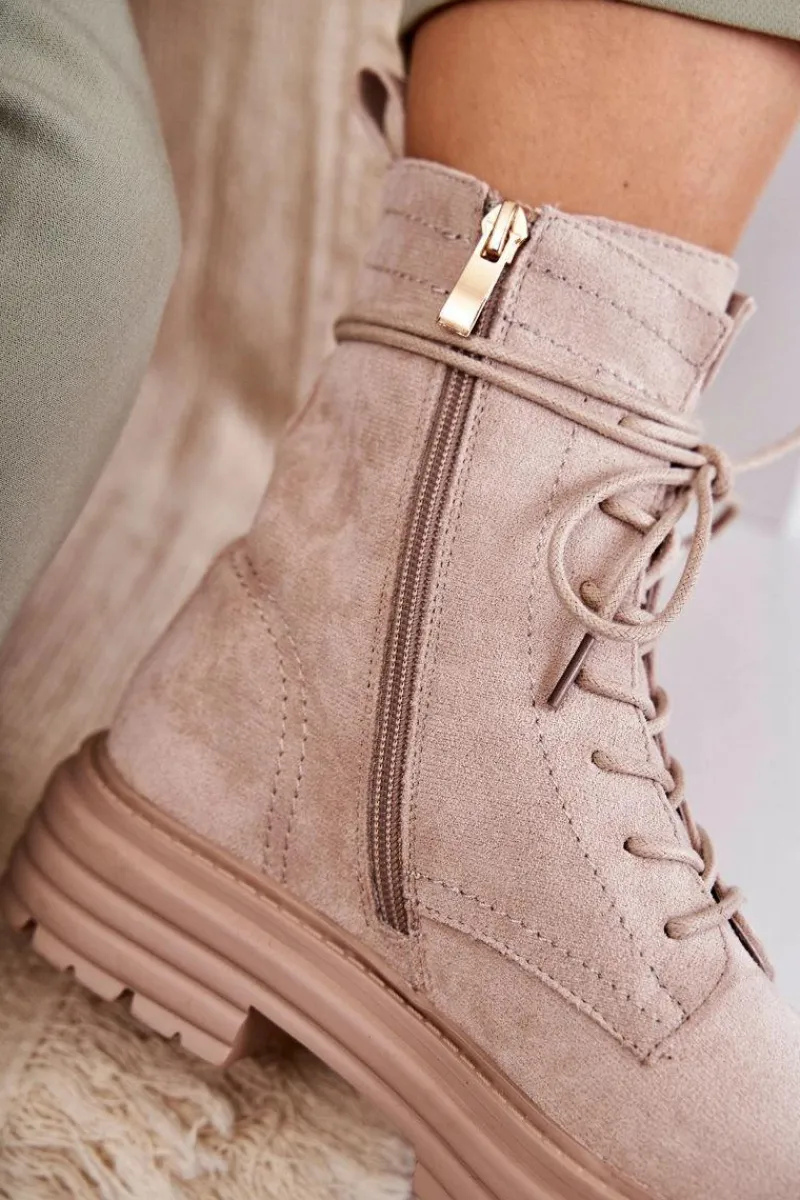 Hot Damskie buty S.Barski Damskie Zamszowe Botki Wiązane Beżowe Afra