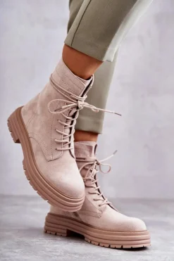 Hot Damskie buty S.Barski Damskie Zamszowe Botki Wiązane Beżowe Afra