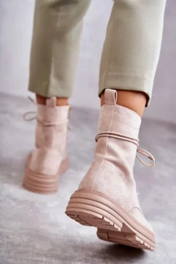 Hot Damskie buty S.Barski Damskie Zamszowe Botki Wiązane Beżowe Afra