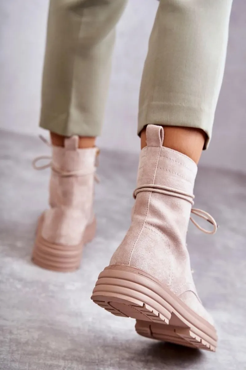 Hot Damskie buty S.Barski Damskie Zamszowe Botki Wiązane Beżowe Afra