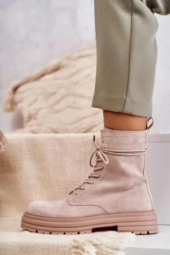 Hot Damskie buty S.Barski Damskie Zamszowe Botki Wiązane Beżowe Afra