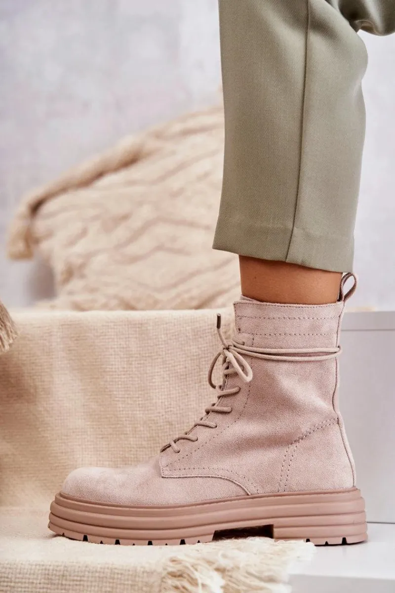 Hot Damskie buty S.Barski Damskie Zamszowe Botki Wiązane Beżowe Afra