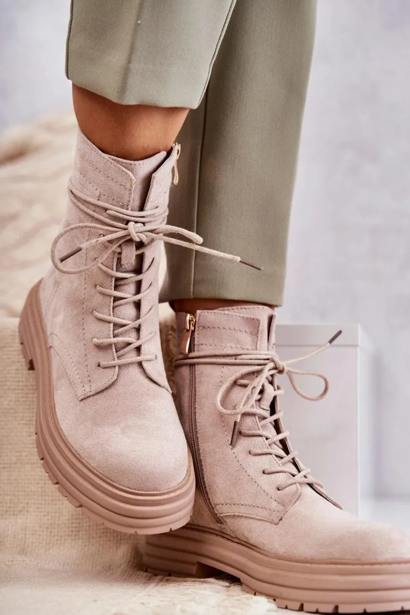 Hot Damskie buty S.Barski Damskie Zamszowe Botki Wiązane Beżowe Afra