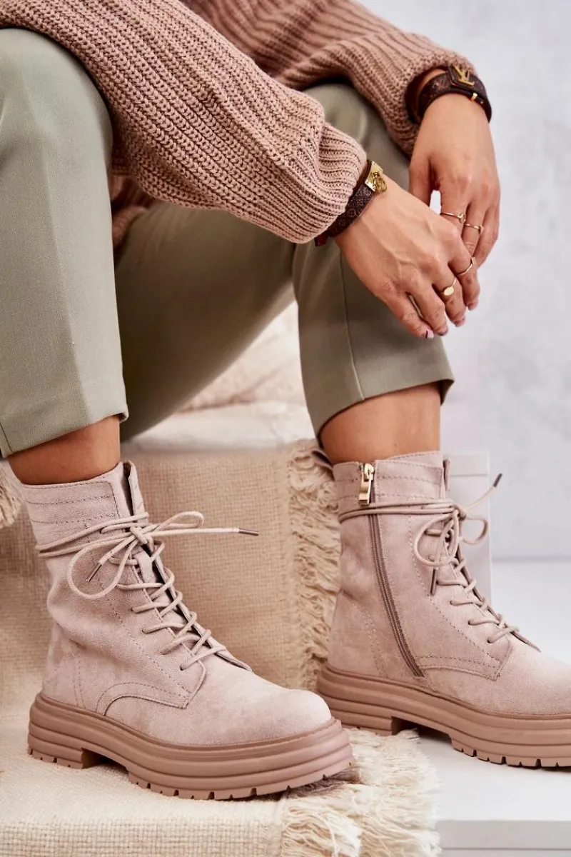 Hot Damskie buty S.Barski Damskie Zamszowe Botki Wiązane Beżowe Afra