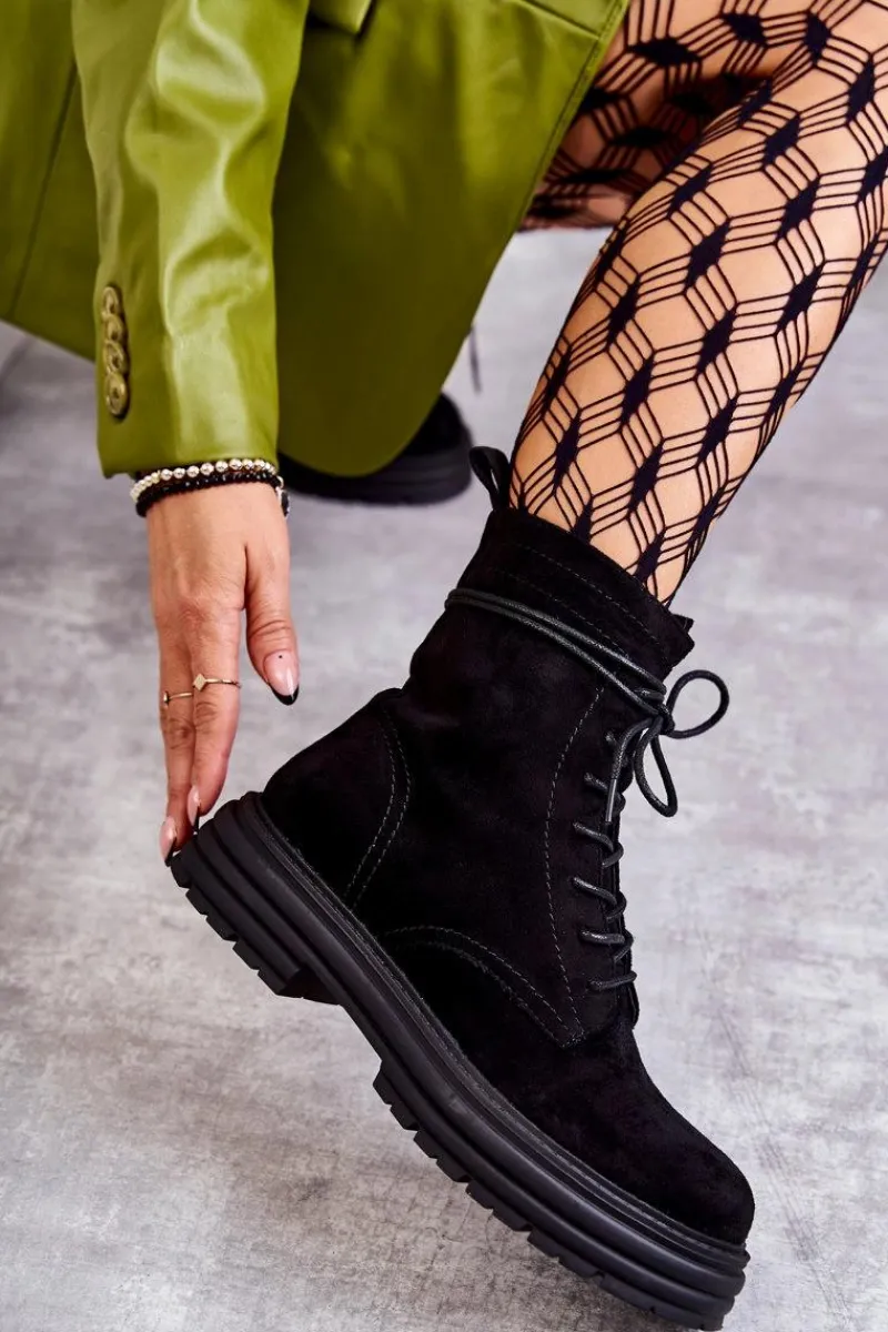 Botki Sznurowane|Czarne Botki>Damskie buty S.Barski Damskie Zamszowe Botki Wiązane Czarne Afra Czarny