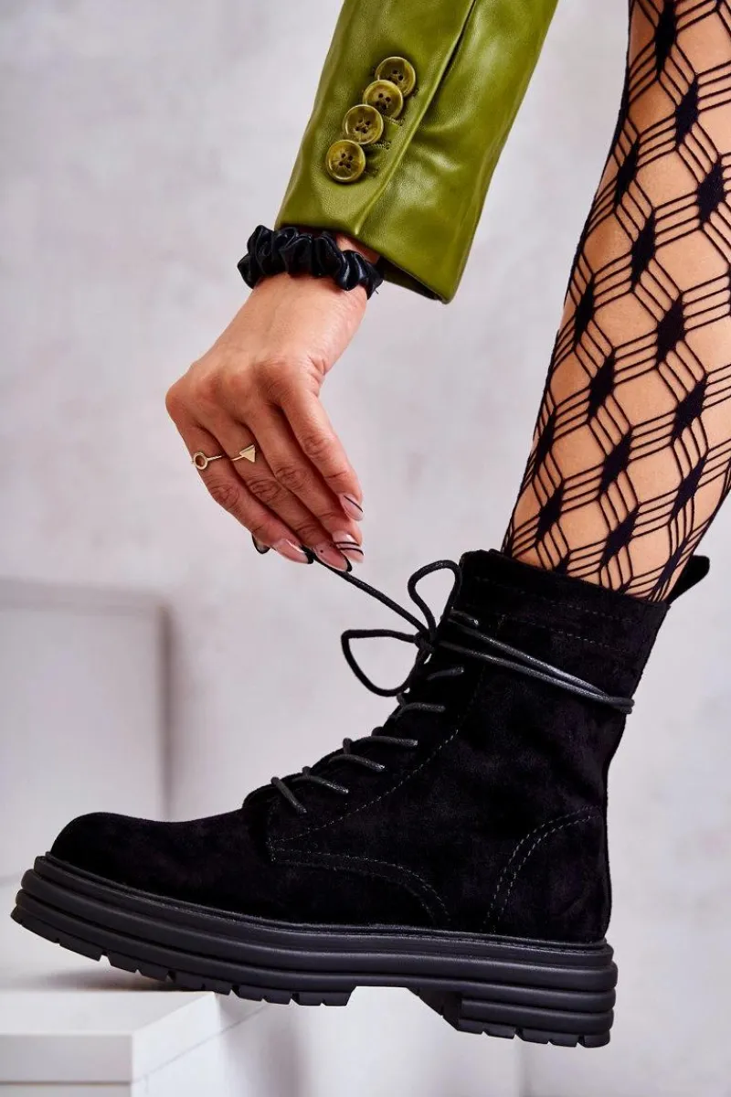 Botki Sznurowane|Czarne Botki>Damskie buty S.Barski Damskie Zamszowe Botki Wiązane Czarne Afra Czarny