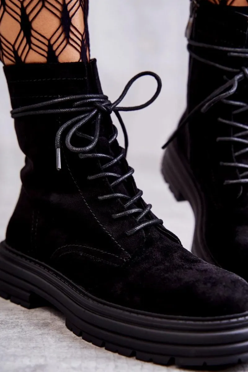 Botki Sznurowane|Czarne Botki>Damskie buty S.Barski Damskie Zamszowe Botki Wiązane Czarne Afra Czarny