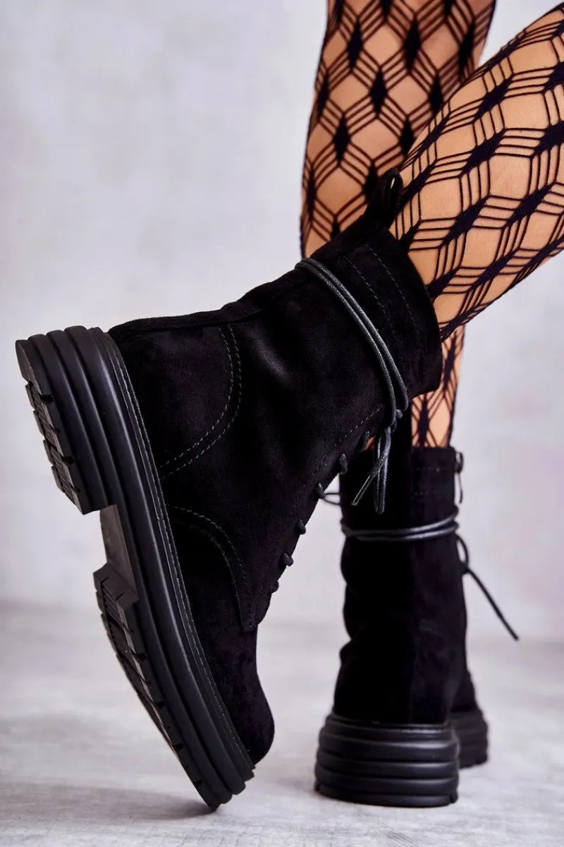 Botki Sznurowane|Czarne Botki>Damskie buty S.Barski Damskie Zamszowe Botki Wiązane Czarne Afra Czarny