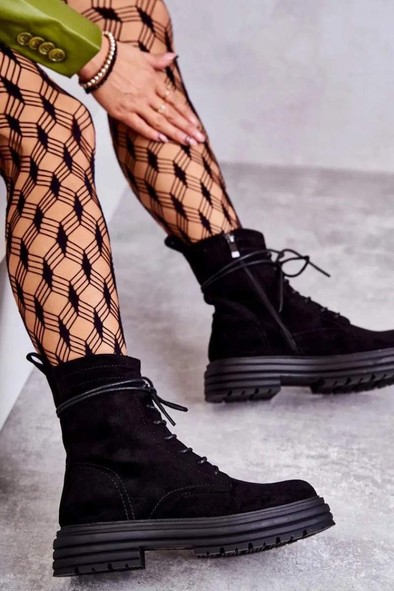 Botki Sznurowane|Czarne Botki>Damskie buty S.Barski Damskie Zamszowe Botki Wiązane Czarne Afra Czarny