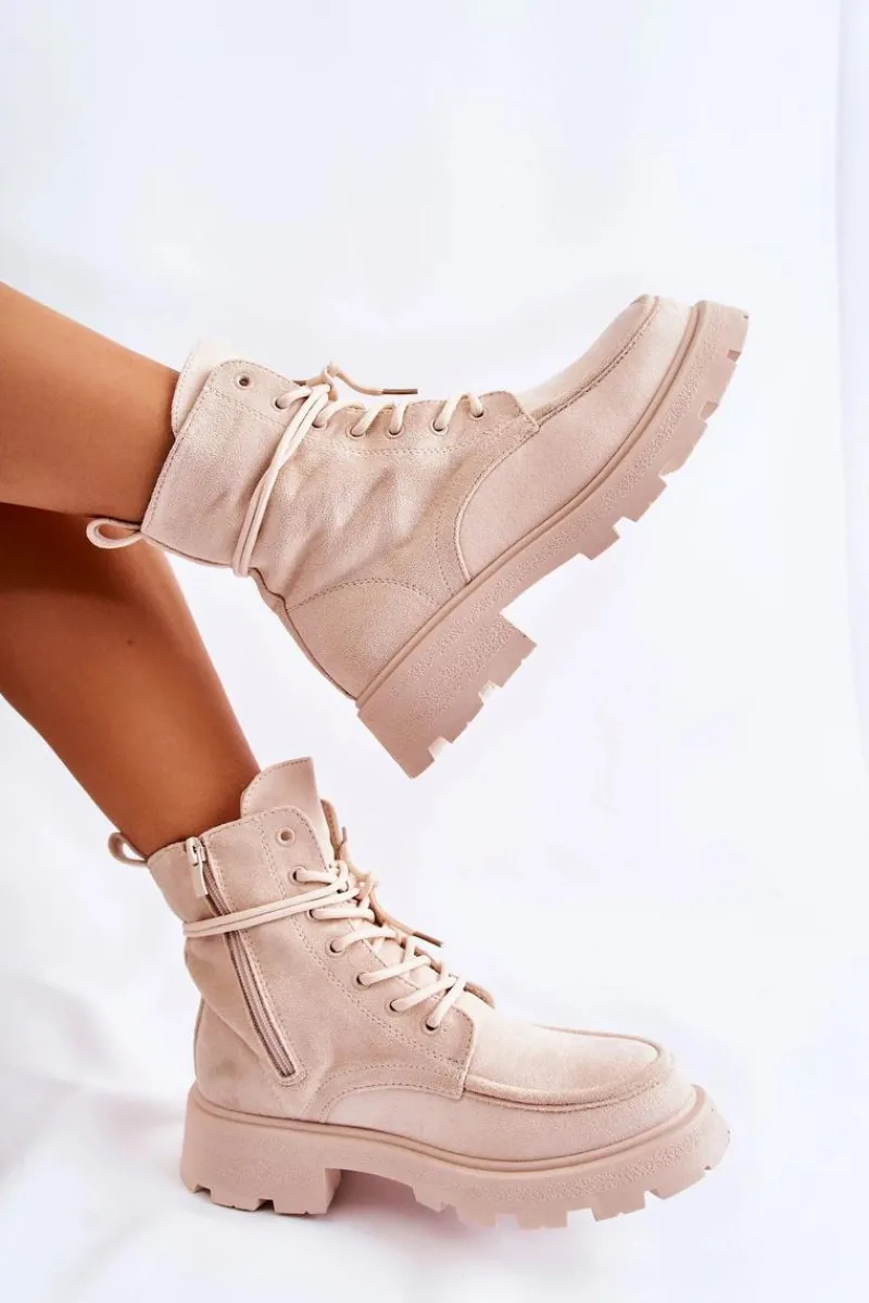 Botki Sznurowane|Botki Zimowe Damskie>Boto Damskie Zamszowe Botki Wiązane Beżowe Vanita