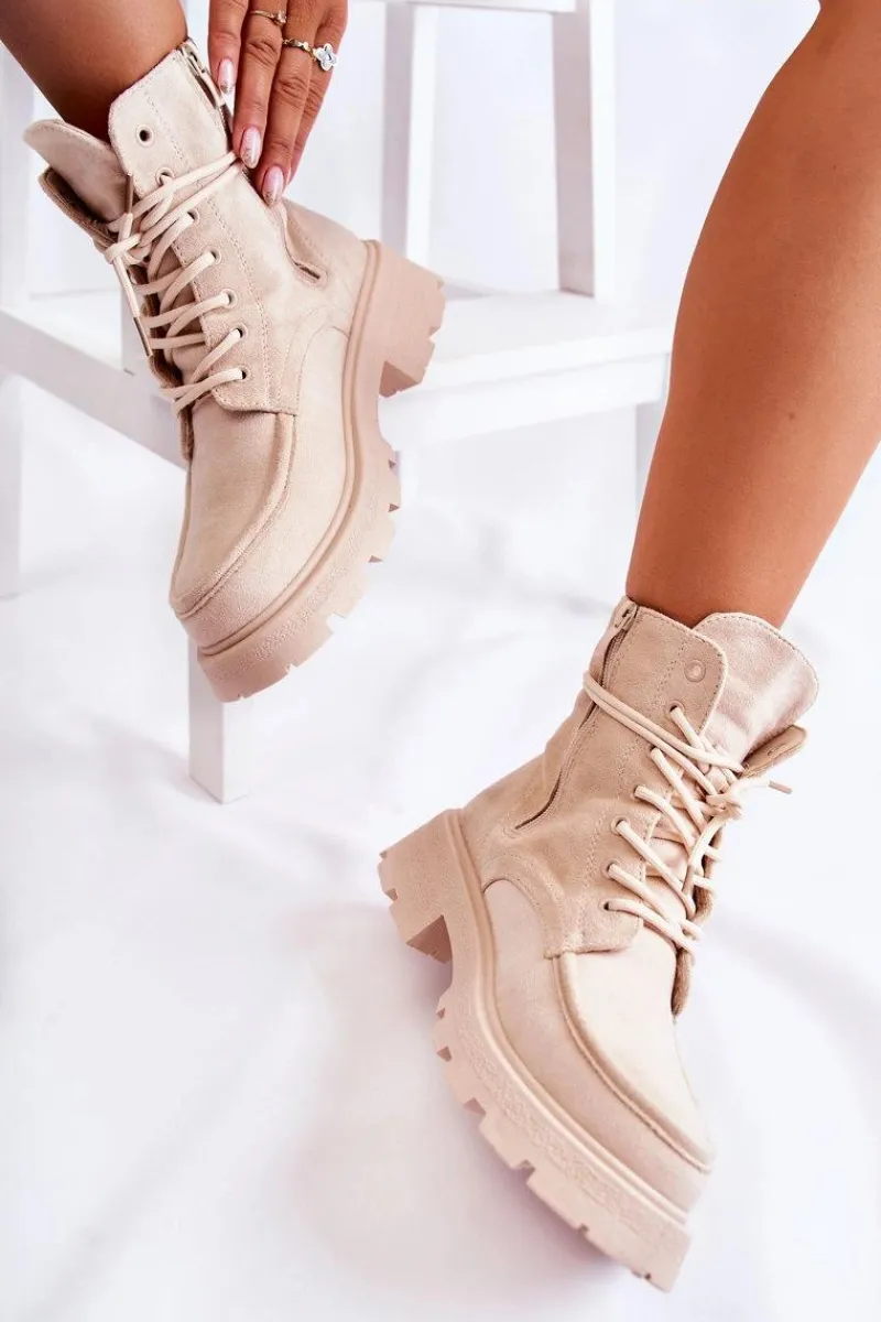 Botki Sznurowane|Botki Zimowe Damskie>Boto Damskie Zamszowe Botki Wiązane Beżowe Vanita