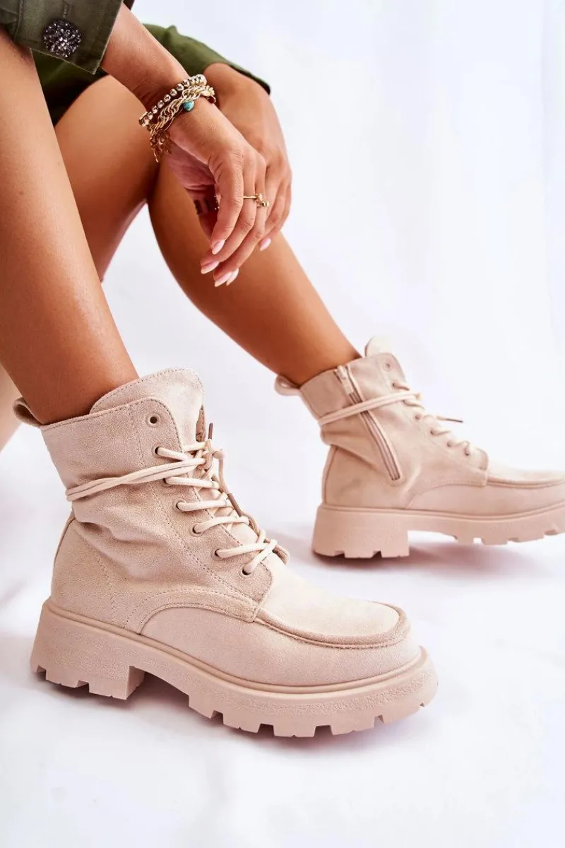 Botki Sznurowane|Botki Zimowe Damskie>Boto Damskie Zamszowe Botki Wiązane Beżowe Vanita