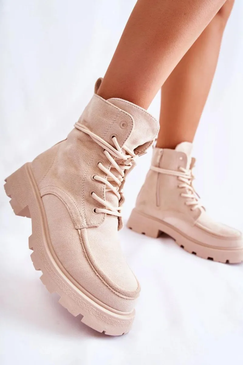 Botki Sznurowane|Botki Zimowe Damskie>Boto Damskie Zamszowe Botki Wiązane Beżowe Vanita