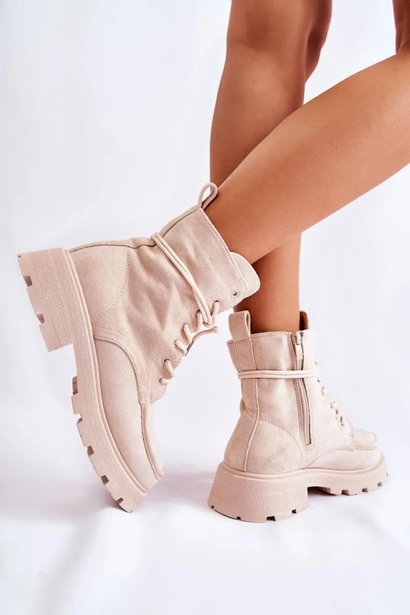 Botki Sznurowane|Botki Zimowe Damskie>Boto Damskie Zamszowe Botki Wiązane Beżowe Vanita