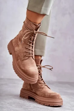 Botki Sznurowane|Czarne Botki>Damskie buty S.Barski Damskie Zamszowe Botki Wiązane Camel Afra