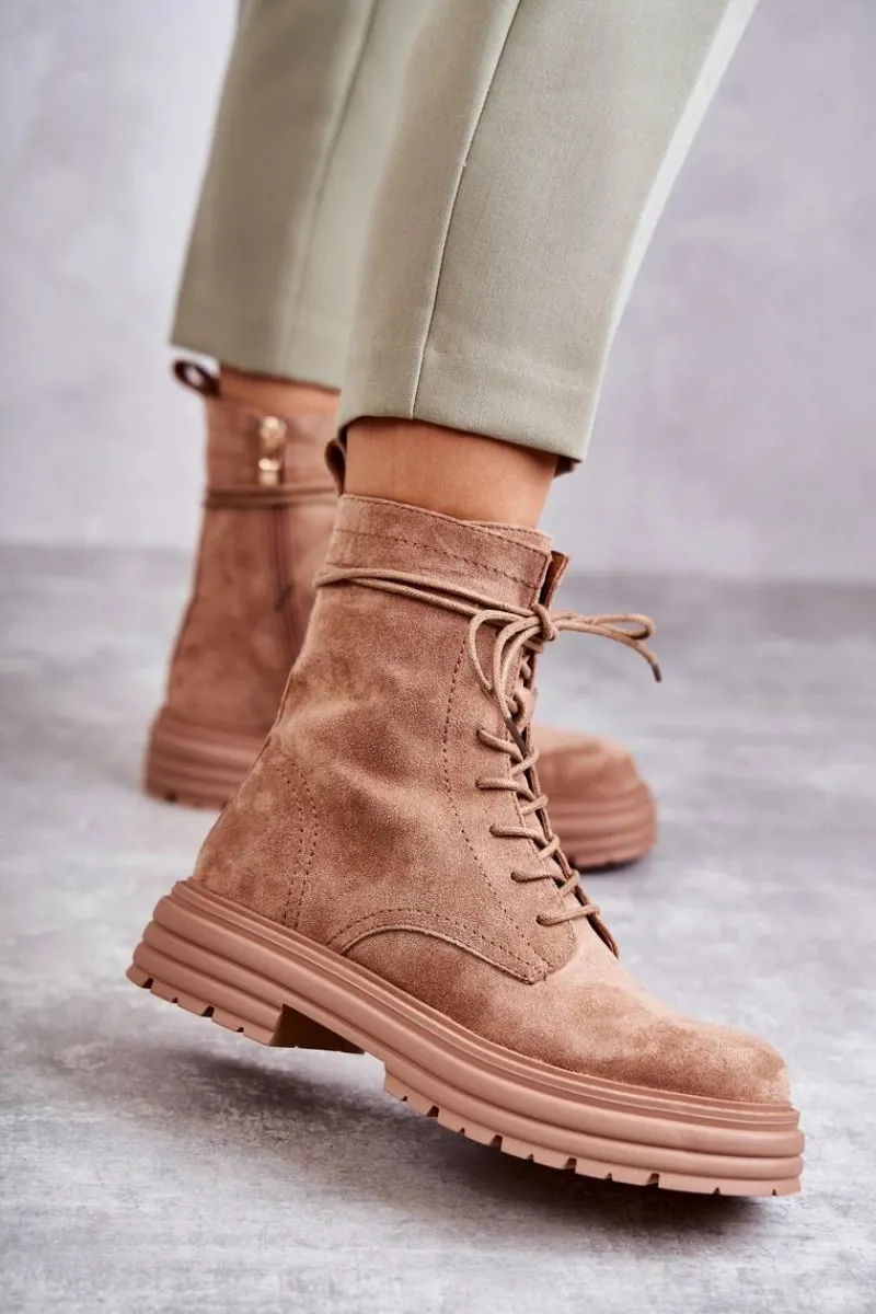 Botki Sznurowane|Czarne Botki>Damskie buty S.Barski Damskie Zamszowe Botki Wiązane Camel Afra