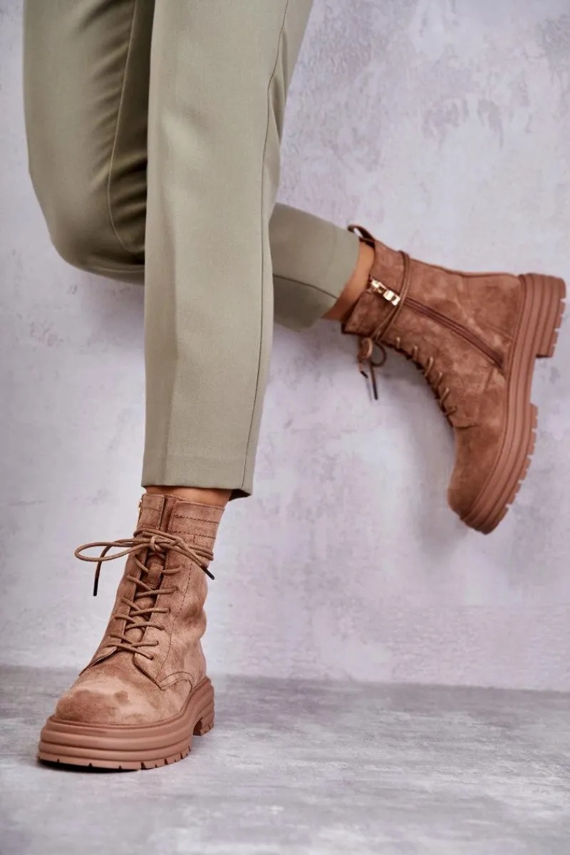 Botki Sznurowane|Czarne Botki>Damskie buty S.Barski Damskie Zamszowe Botki Wiązane Camel Afra