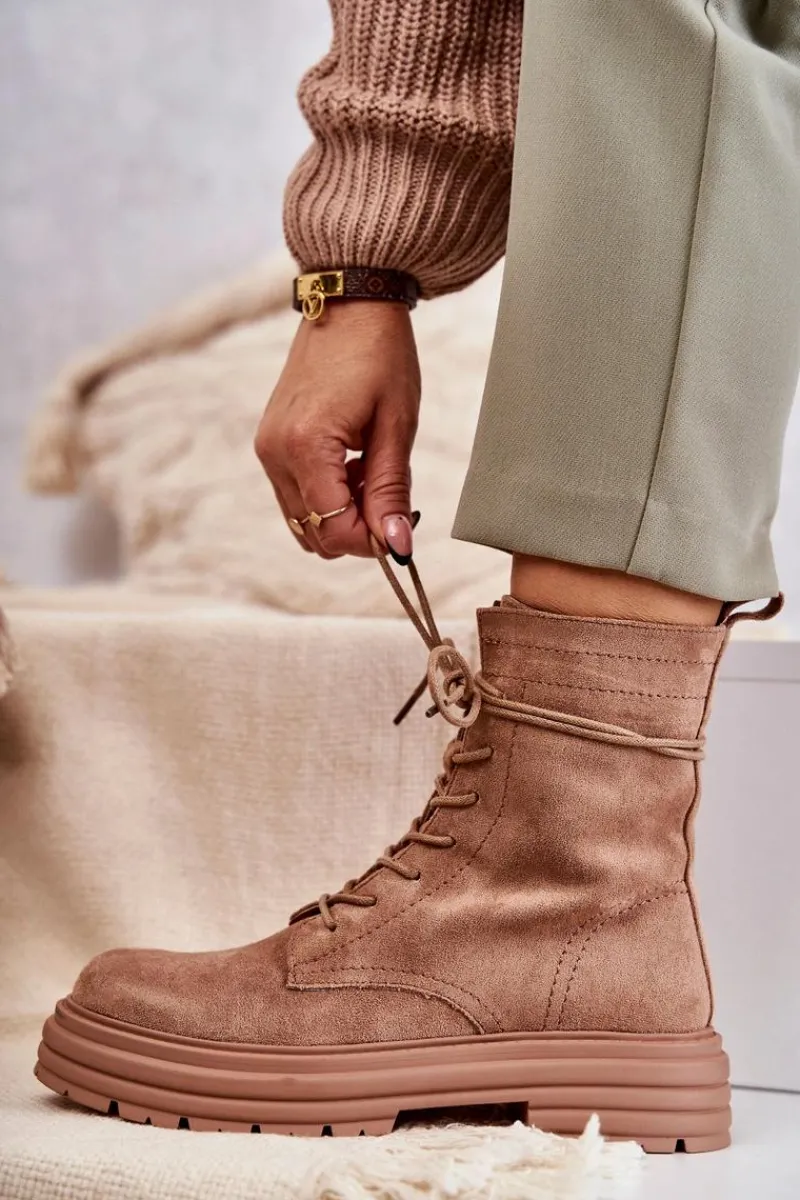 Botki Sznurowane|Czarne Botki>Damskie buty S.Barski Damskie Zamszowe Botki Wiązane Camel Afra